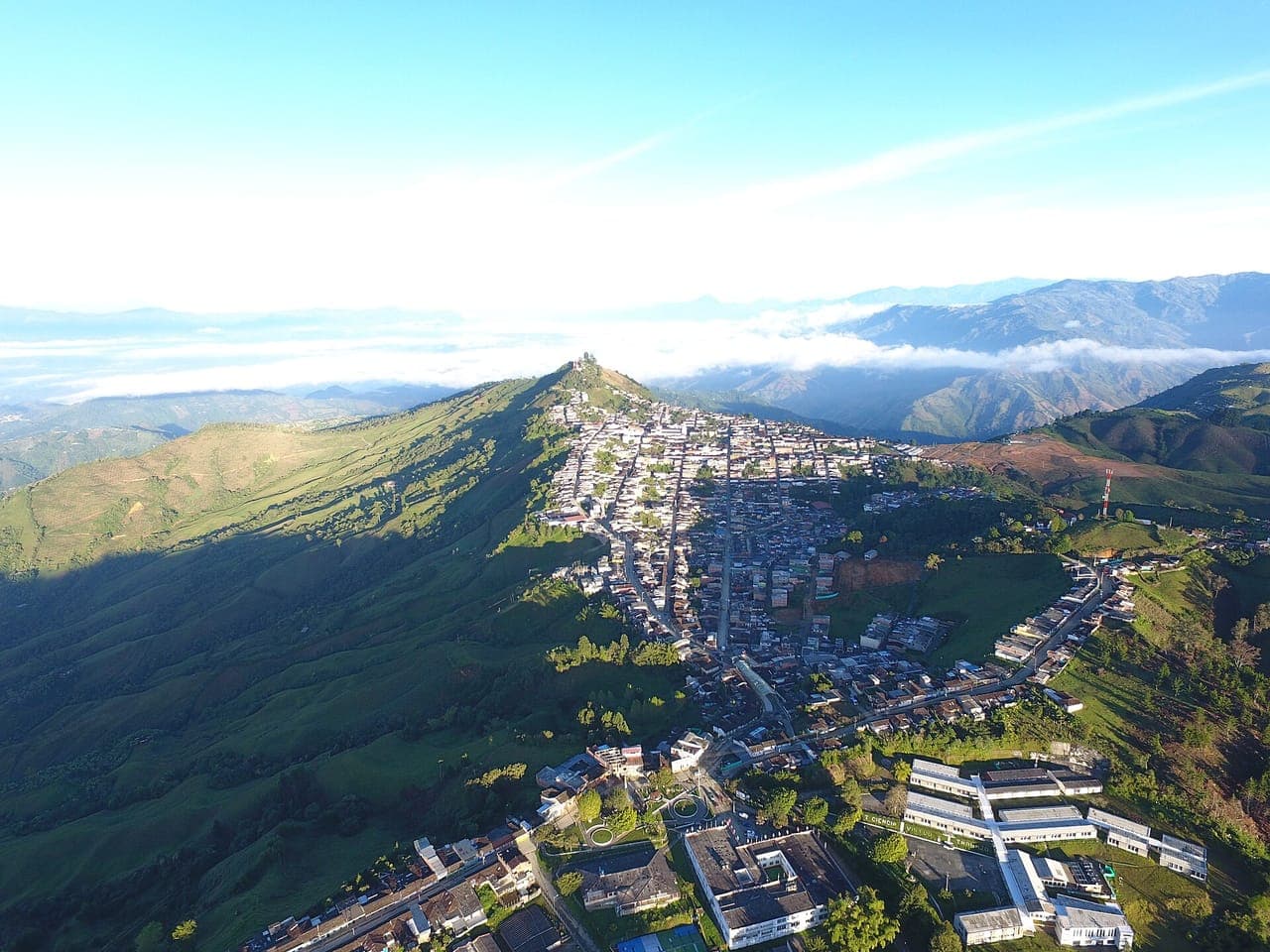 Aerial view of Aguadas on a mountain ridge